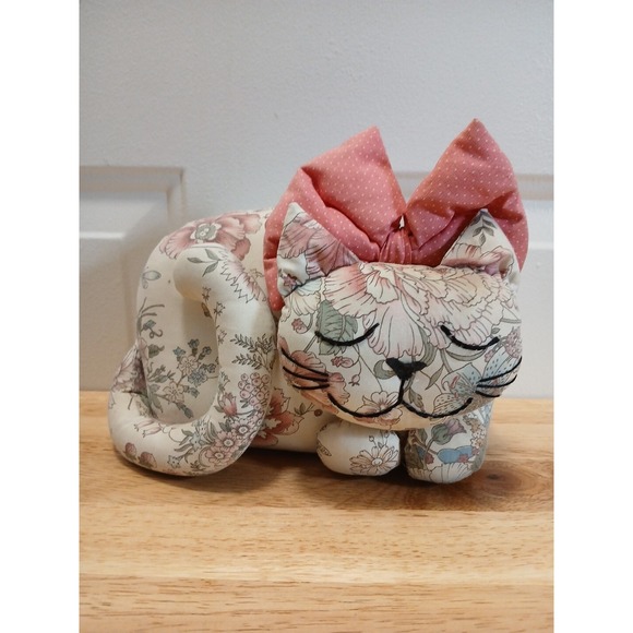 Other - Cat Shelf Sitter Handmade Fabric Cat With Bow Doorstop Decor Sleeping Cat  8"x5"